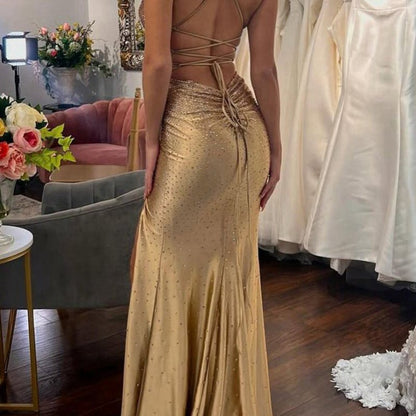 Mermaid V Neck Satin Slit Prom Dresses with Hot Stone