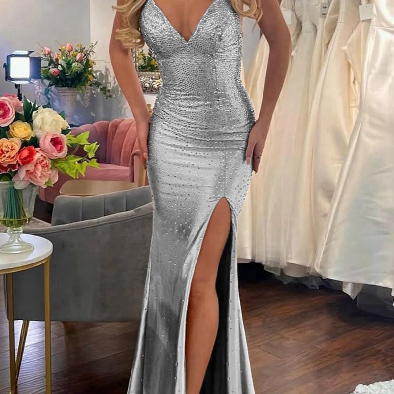 Mermaid V Neck Satin Slit Prom Dresses with Hot Stone