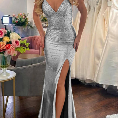 Mermaid V Neck Satin Slit Prom Dresses with Hot Stone