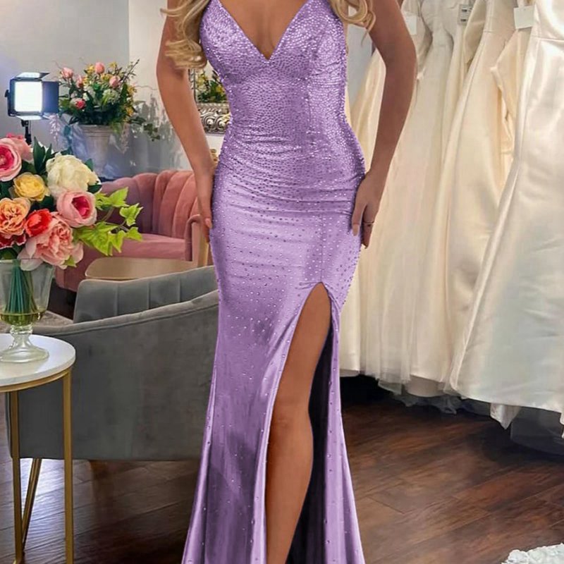 Mermaid V Neck Satin Slit Prom Dresses with Hot Stone