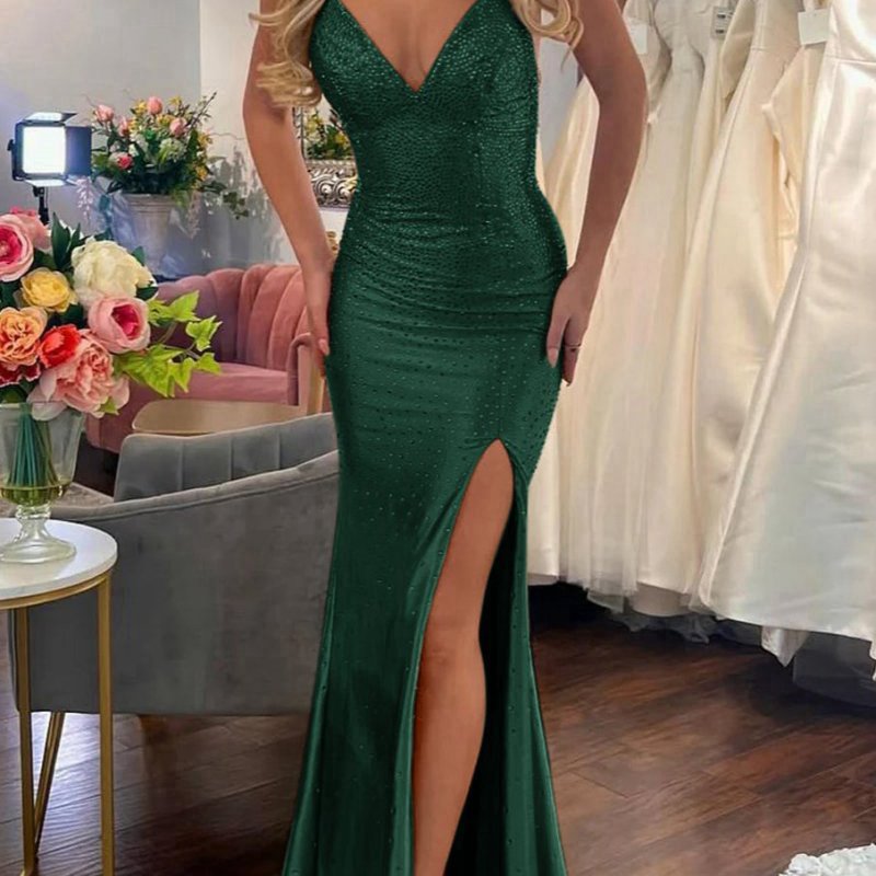 Mermaid V Neck Satin Slit Prom Dresses with Hot Stone