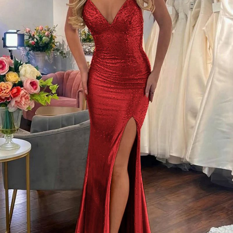 Mermaid V Neck Satin Slit Prom Dresses with Hot Stone