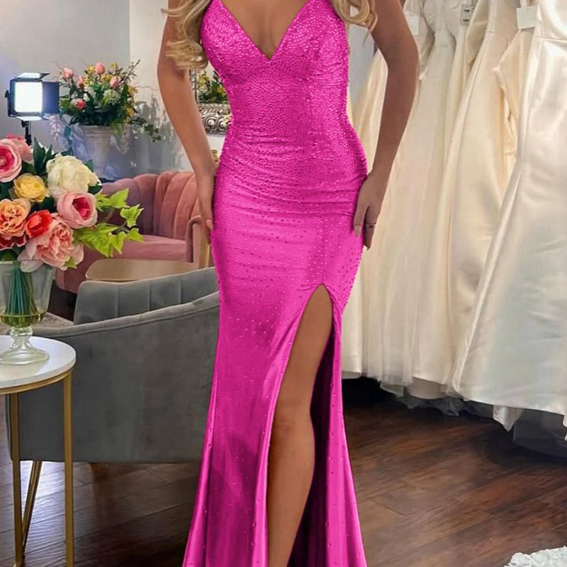 Mermaid V Neck Satin Slit Prom Dresses with Hot Stone