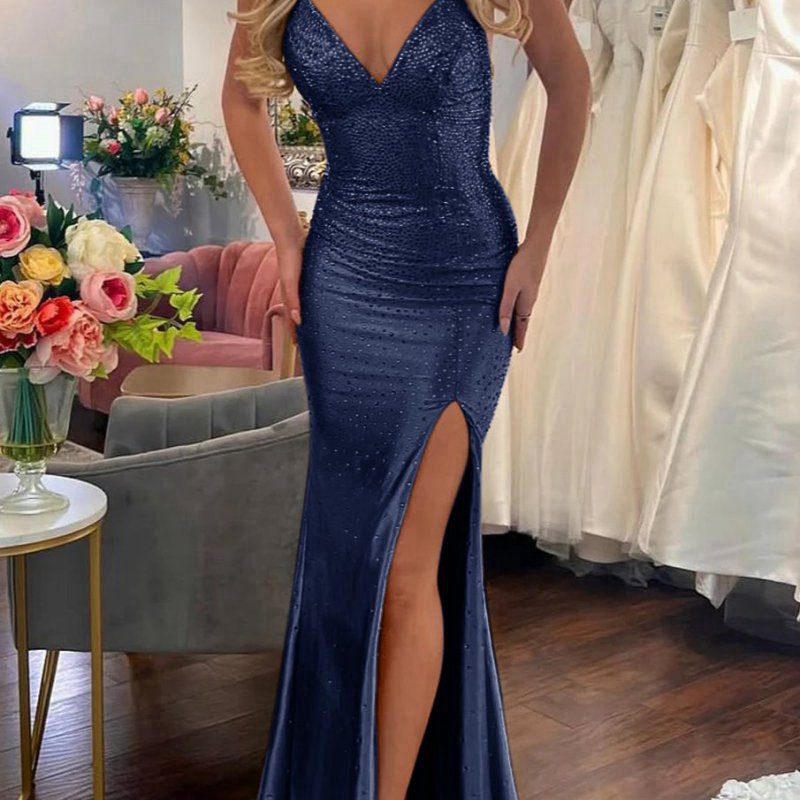 Mermaid V Neck Satin Slit Prom Dresses with Hot Stone