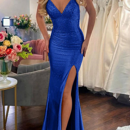 Mermaid V Neck Satin Slit Prom Dresses with Hot Stone
