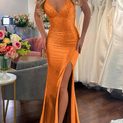 Mermaid V Neck Satin Slit Prom Dresses with Hot Stone