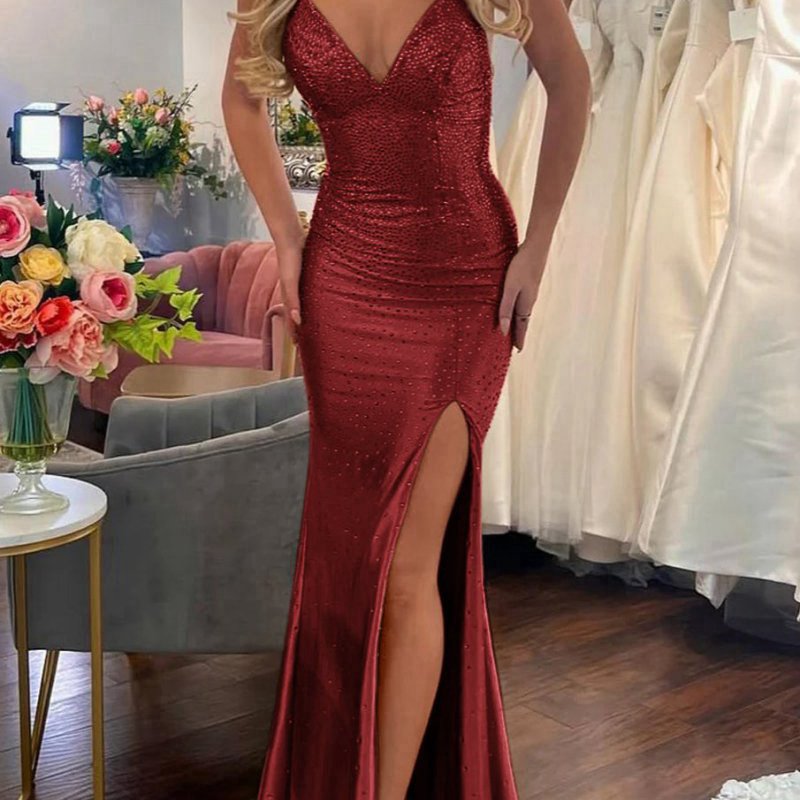Mermaid V Neck Satin Slit Prom Dresses with Hot Stone