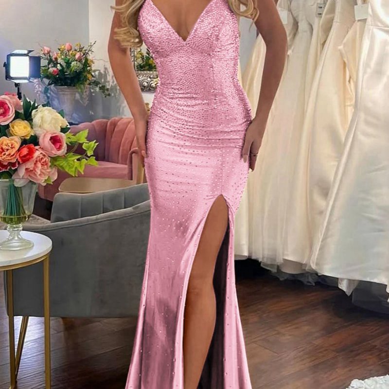 Mermaid V Neck Satin Slit Prom Dresses with Hot Stone
