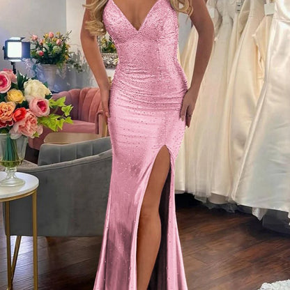 Mermaid V Neck Satin Slit Prom Dresses with Hot Stone