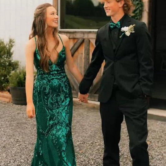 Charming Mermaid V Neck Sequins Lace Long Prom Dresses with Lace-up