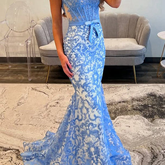 Gorgeous Mermaid Scoop Neck Lace Prom Dresses