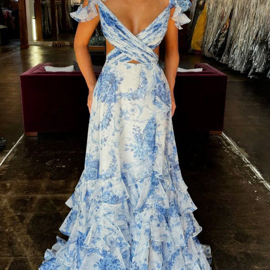 V Neck A-line Floral Printed Chiffon Slit Prom Dresses