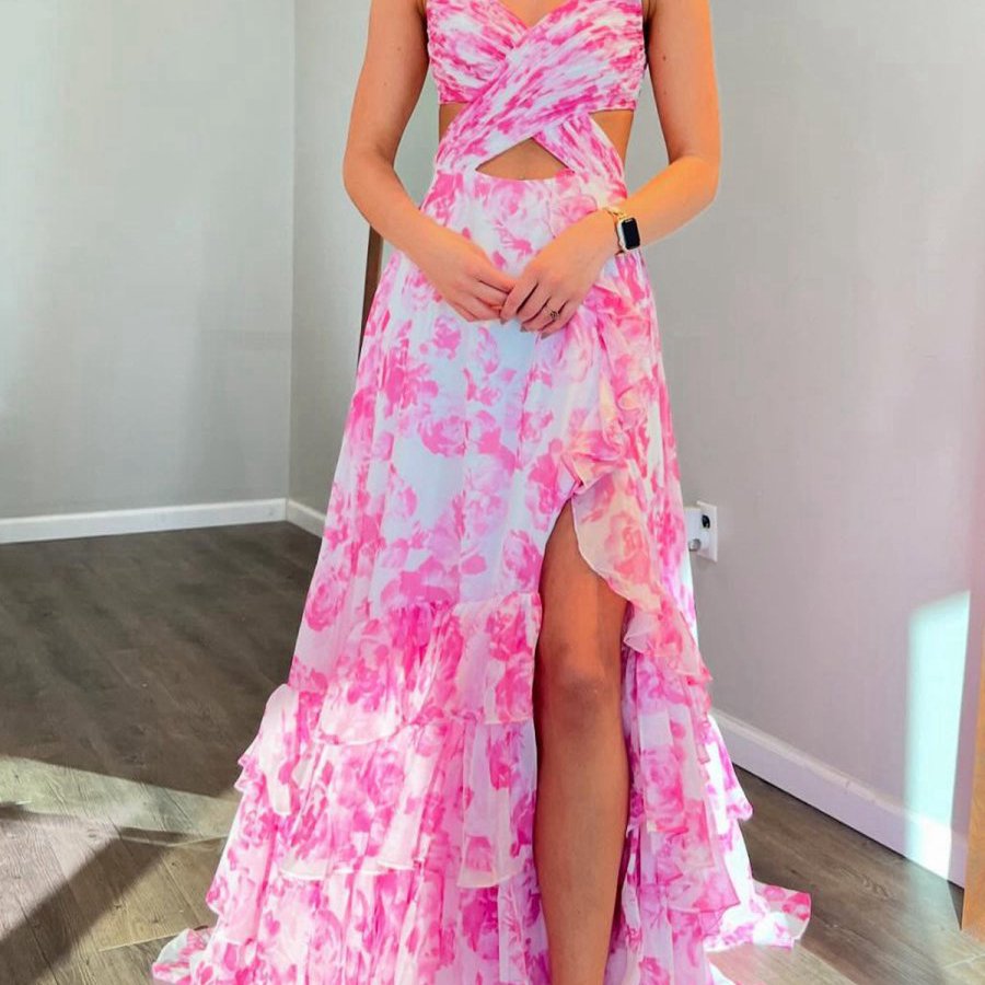 V Neck A-line Floral Printed Chiffon Slit Prom Dresses