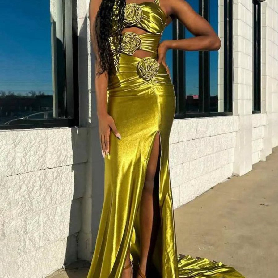 Floral Applique Halter Mermaid Prom Dresses with Cut-out