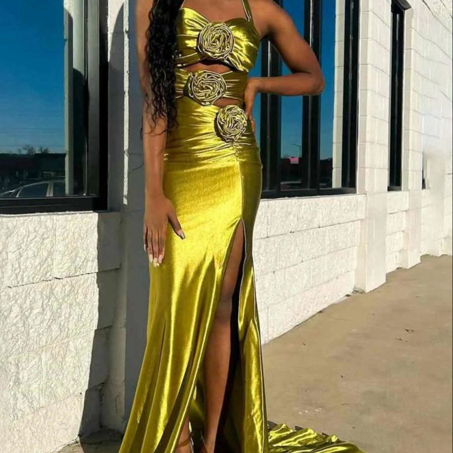 Floral Applique Halter Mermaid Prom Dresses with Cut-out