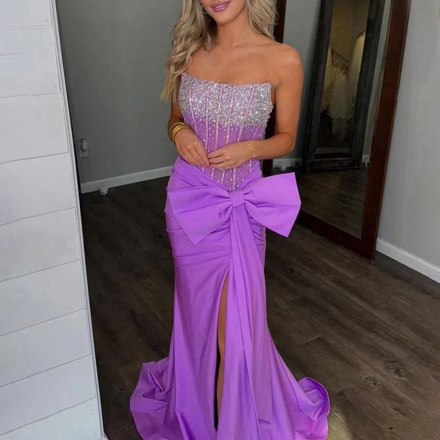 Split Strapless Mermaid Corset Prom Dresses with Side Bowknot