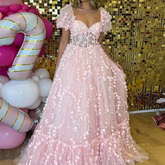 Princess Sweetheart Puffy Sleeeves Prom Dresses with 3D Flower