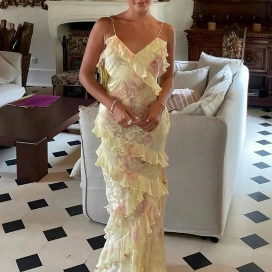Spaghetti Straps Mermaid Long Prom Dresses with Ruffles