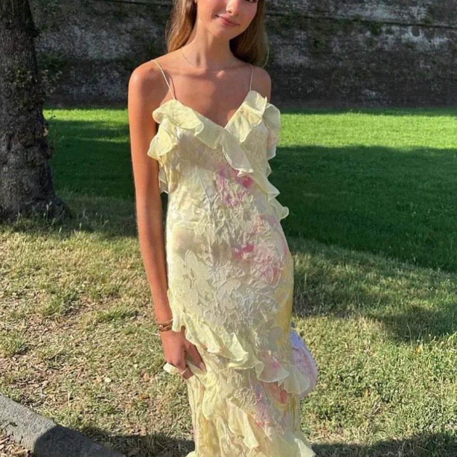Spaghetti Straps Mermaid Long Prom Dresses with Ruffles