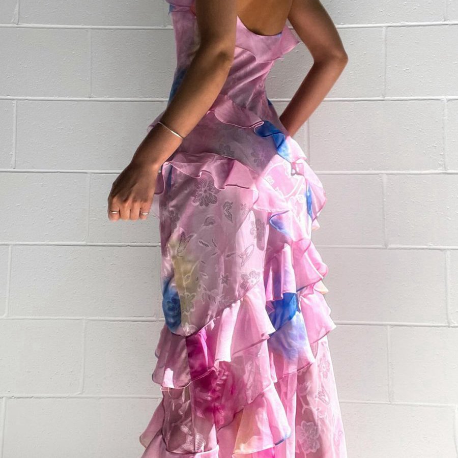 Spaghetti Straps Mermaid Long Prom Dresses with Ruffles