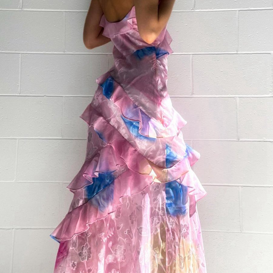 Spaghetti Straps Mermaid Long Prom Dresses with Ruffles