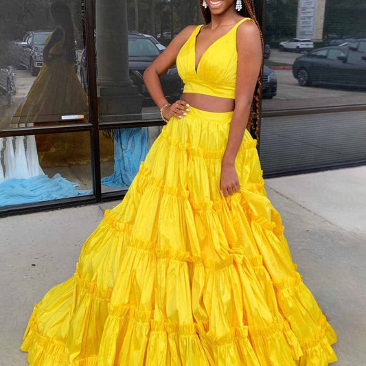 A-line V-Neck Ruffle Taffeta Two Piece Prom Dresses