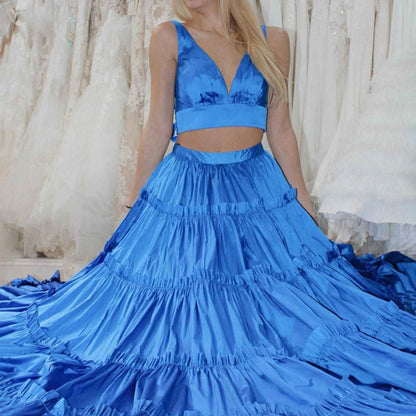 A-line V-Neck Ruffle Taffeta Two Piece Prom Dresses