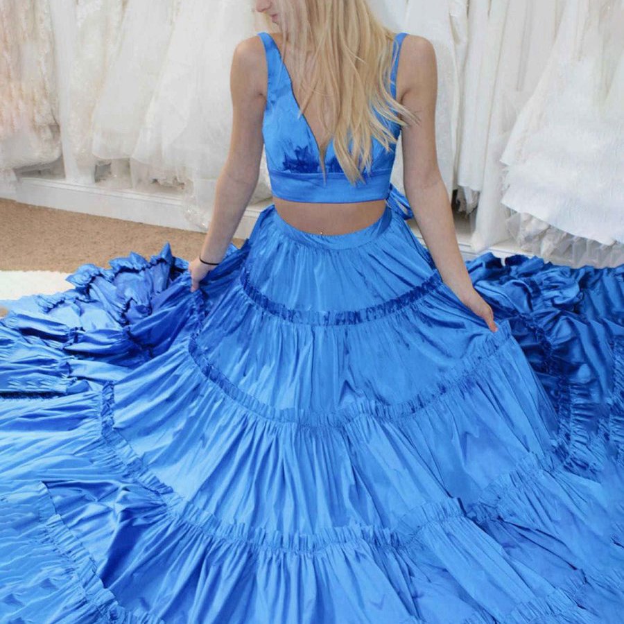A-line V-Neck Ruffle Taffeta Two Piece Prom Dresses
