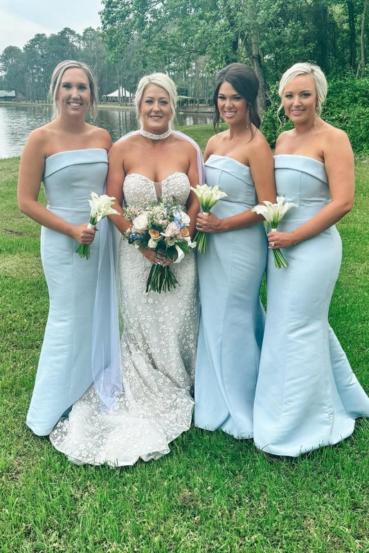 Strapless Mermaid Satin Long Bridesmaid Dresses