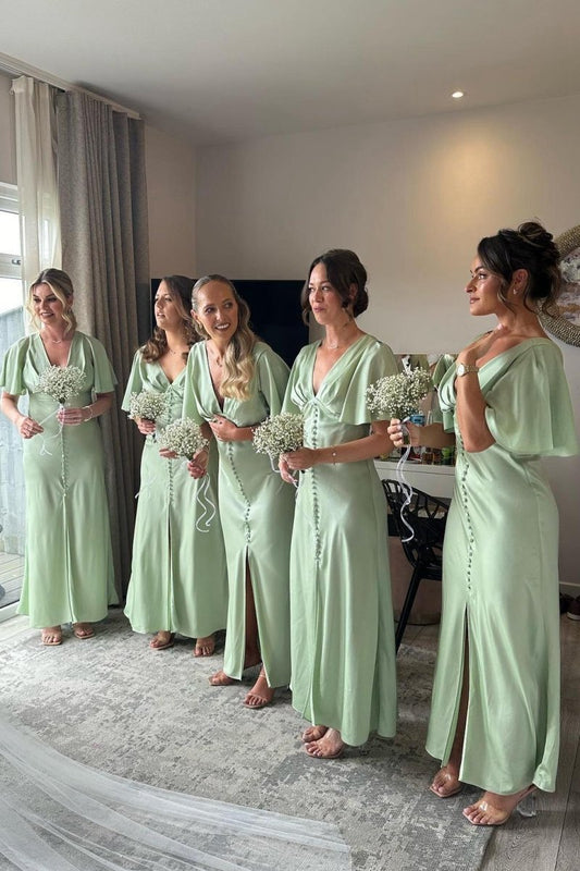 Flare Sleeves Sage Bridesmaid Dresses with Buttons