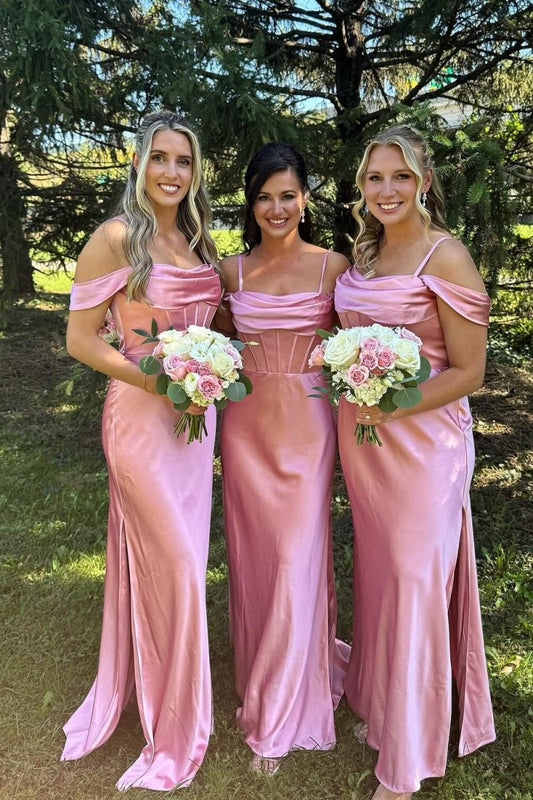 Off the Shoulder Satin Fitted Long Bridesmaid Dresses