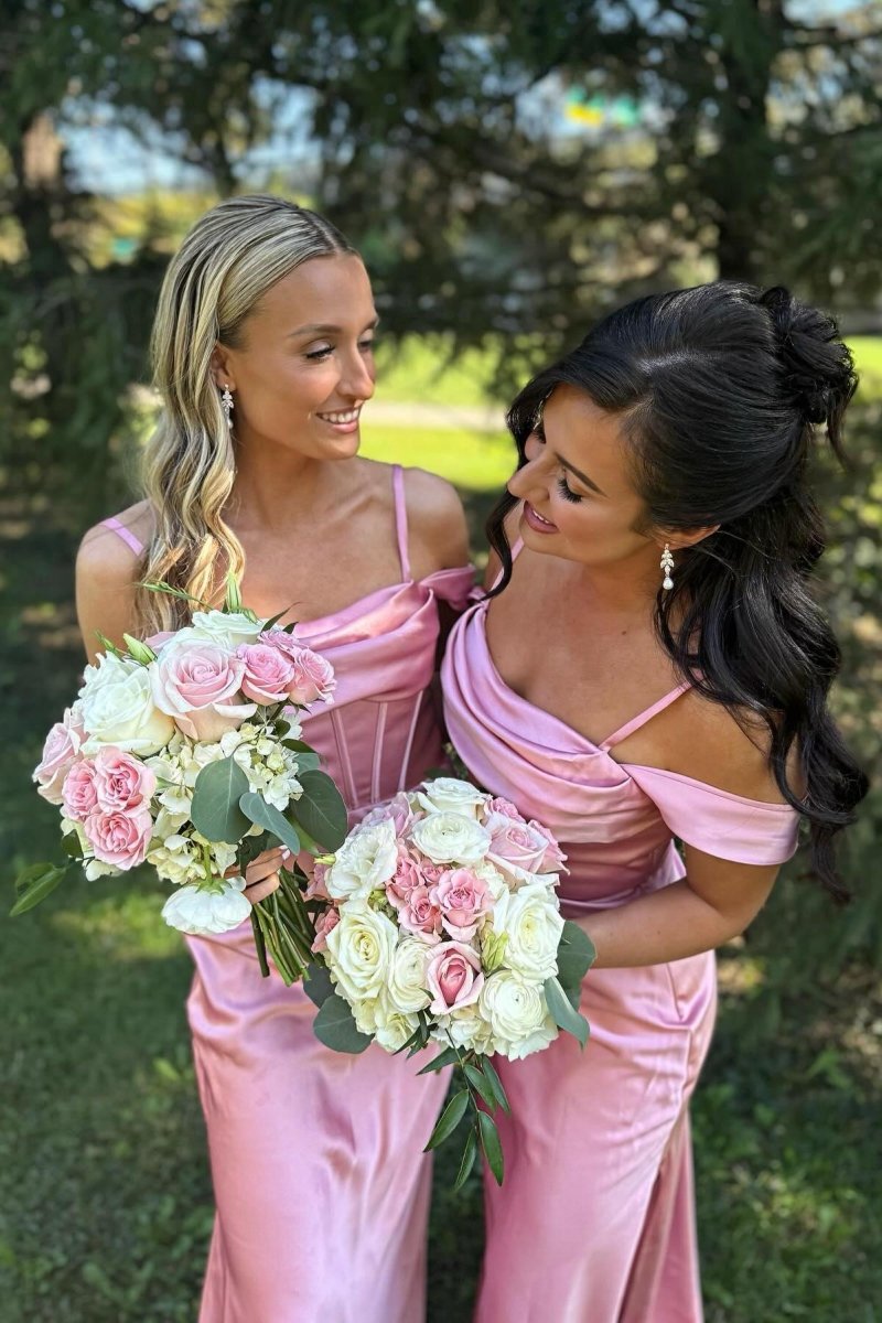 Off the Shoulder Satin Fitted Long Bridesmaid Dresses