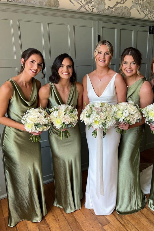 Cowl Neck Sage Sheath Spandex Long Bridesmaid Dresses