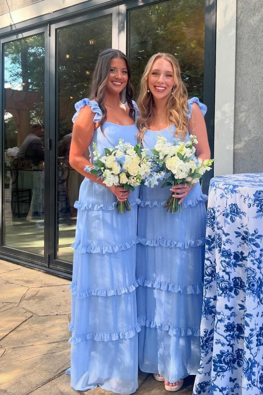 Ruffles Chiffon A-line Long Bridesmaid Dresses