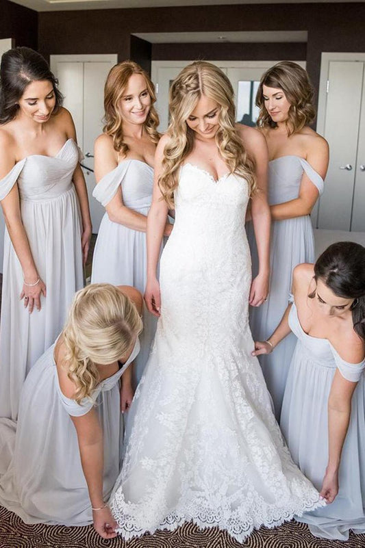 Off the Shoulder A-line Light Chiffon Long Bridesmaid Dresses