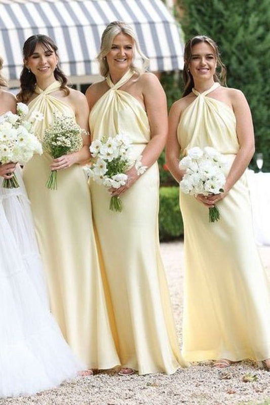 Halter Sheath Long Bridesmaid Dresses with Twist Knot