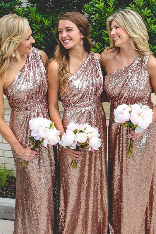 One Shoulder Rose Gold Sequins Sheath Long Bridesmaid Dresses