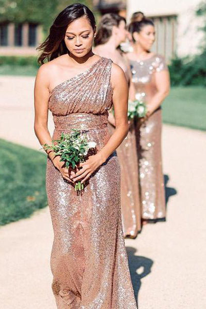 One Shoulder Rose Gold Sequins Sheath Long Bridesmaid Dresses