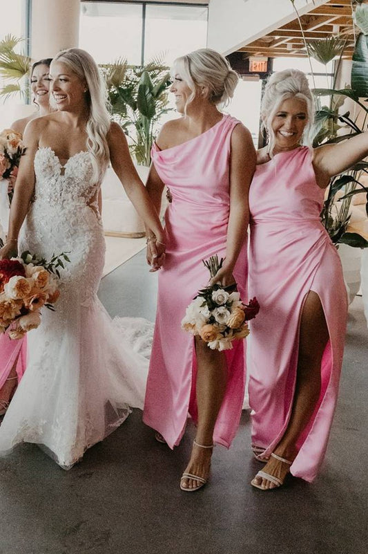 Mermaid Satin One Shoulder Bridesmaid Dresses with Slit
