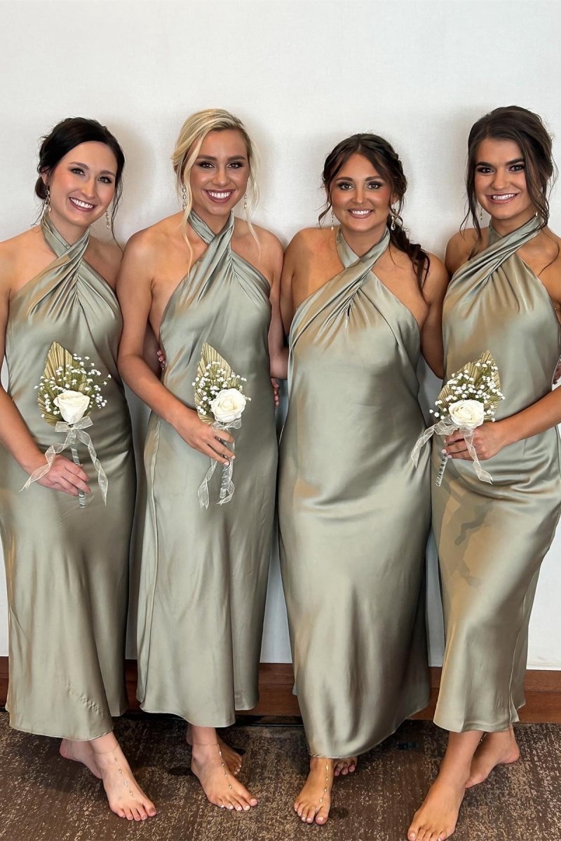 Sage Halter Sheath Ankle Length Bridesmaid Dresses