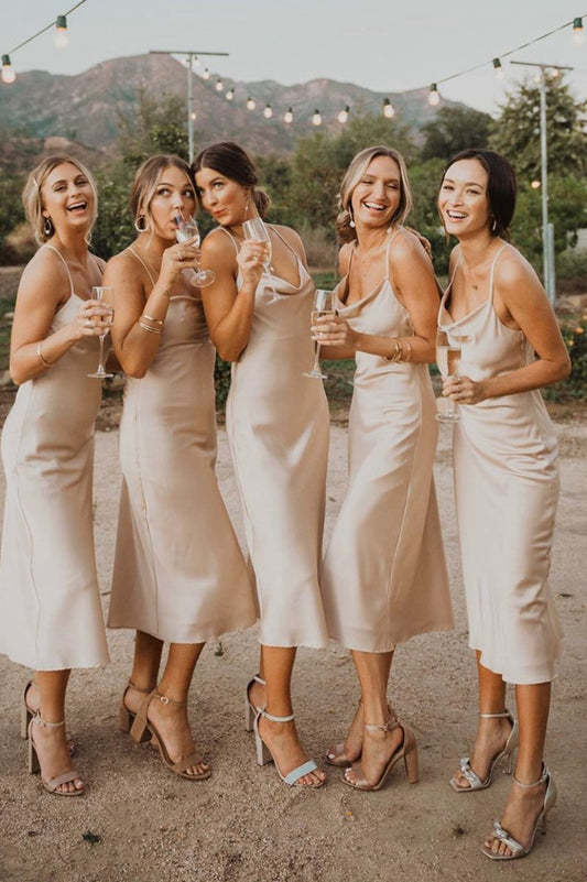Spaghetti Straps Cowl Neck Tea-Length Sheath Bridesmaid Dresses