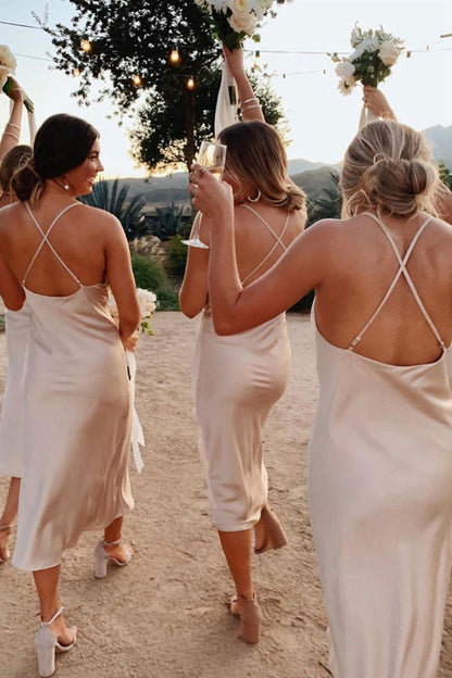 Spaghetti Straps Cowl Neck Tea-Length Sheath Bridesmaid Dresses
