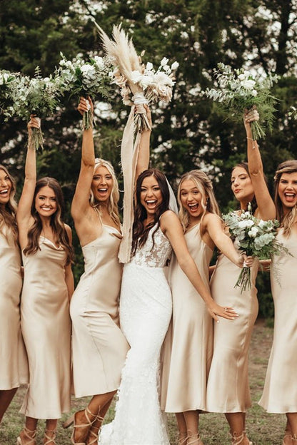 Spaghetti Straps Cowl Neck Tea-Length Sheath Bridesmaid Dresses