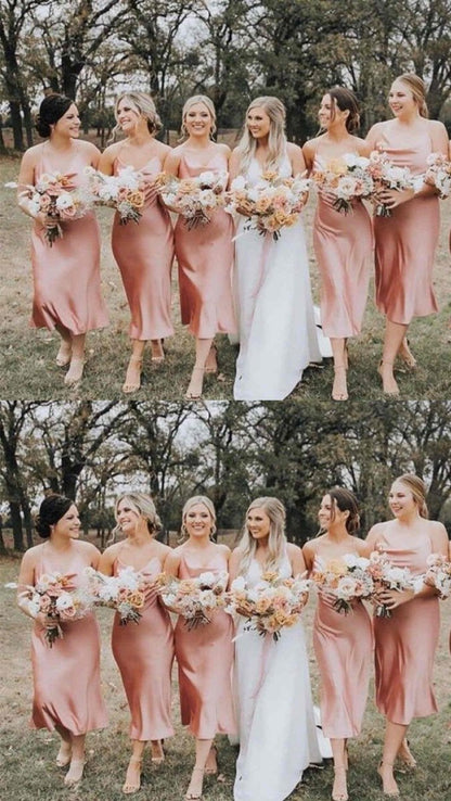 Spaghetti Straps Cowl Neck Tea-Length Sheath Bridesmaid Dresses