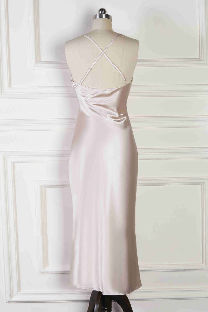Spaghetti Straps Cowl Neck Tea-Length Sheath Bridesmaid Dresses