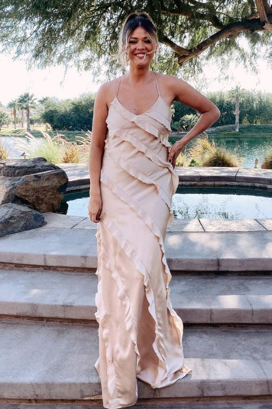 Straps Sheath Ruffle Maxi Bridesmaid Dresses