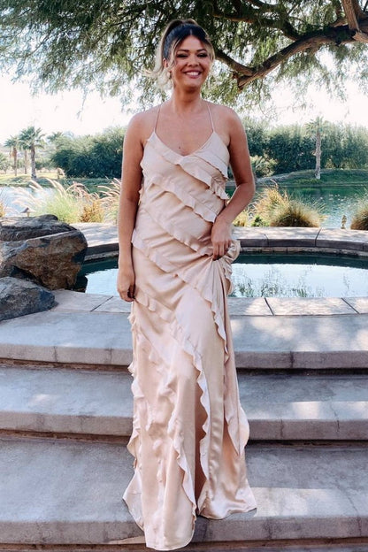 Straps Sheath Ruffle Maxi Bridesmaid Dresses