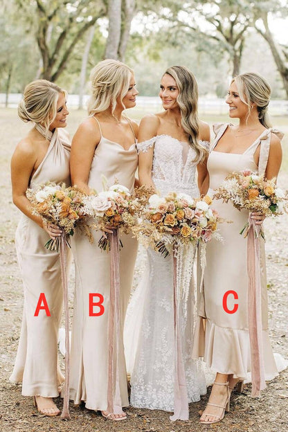 Sheath Satin Long Mismatch Bridesmaid Dresses