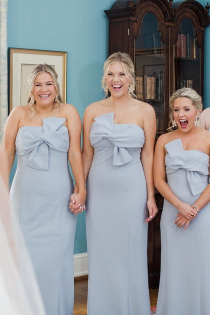 Strapless Tie Front Sheath Long Bridesmaid Dresses