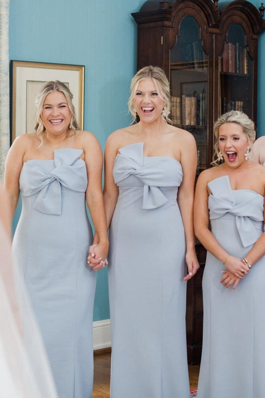 Strapless Tie Front Sheath Long Bridesmaid Dresses